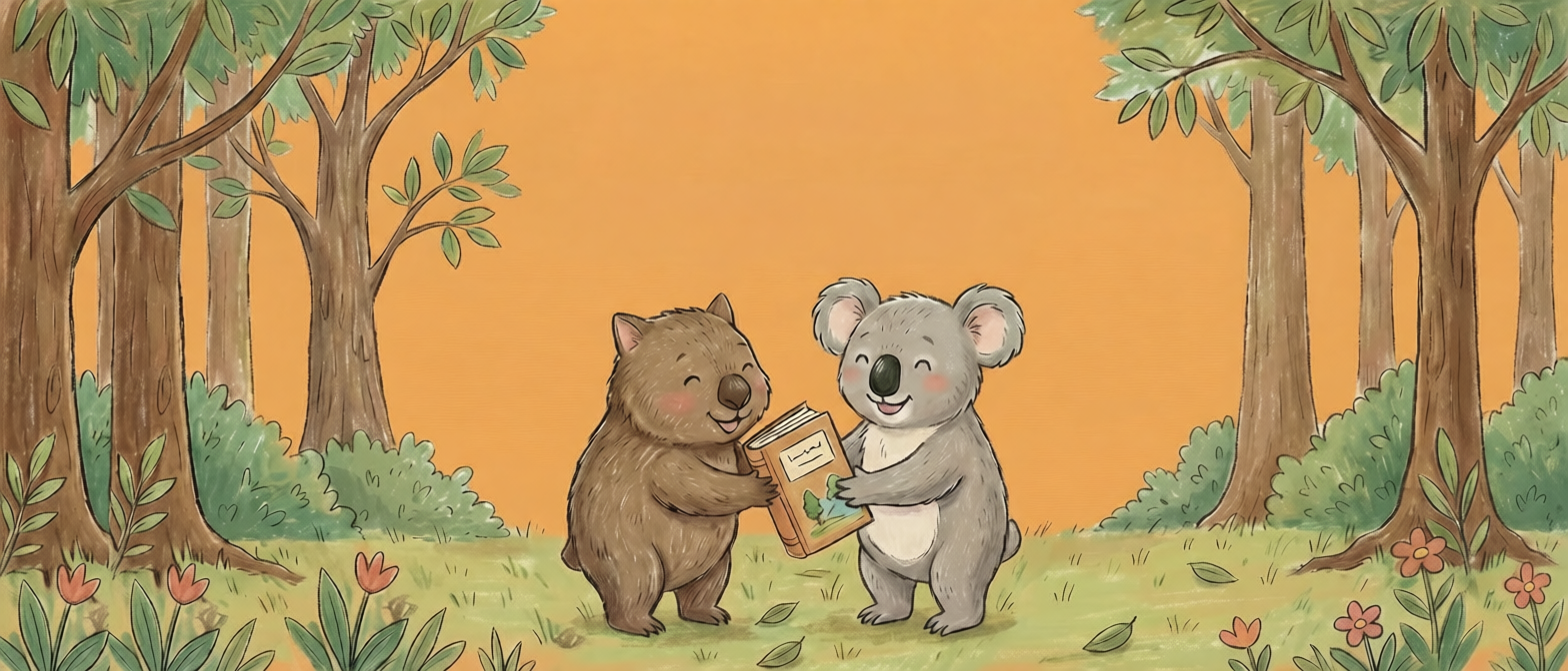 A wombat and koala happily exchanging a book in a forest